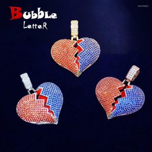 Couleur rouge avec bleu coeur brisé collier pendentif chaîne de tennis Bling cubique Zircon hommes Hip Hop bijoux pour chaînes cadeaux Morr22