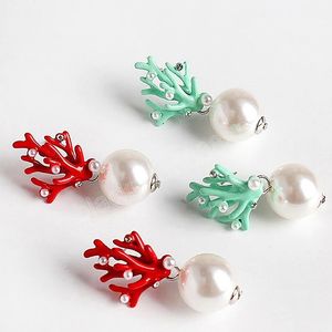 Rouge corail cerf bois blanc fausse perle goujon boucles d'oreilles de noël mode cadeau de noël bijoux vacances fête oreille accessoires