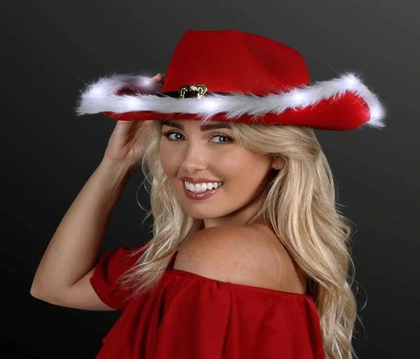 Chapeau de cow-girl rouge Chapeau de cowboy LED bord de plume éclairé avec couronne de diadème Halloween Costume de vache de Noël Chapeaux de fête amusants3906798