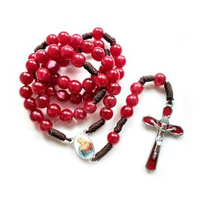 Croix rouge tissage chapelet collier perles acryliques brin bijoux religieux pour femmes hommes