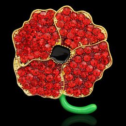 Brillante Red Crystal Poppy Flower Pins Broches UK Moda Memorial Day Regalo Insignia Pins brochas de calidad superior Jewerly Accesorios
