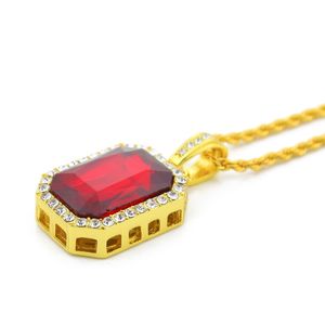 Collier avec pendentif en cristal rouge pour hommes, coupe carrée, chaîne en or jaune 18 carats, bijoux classiques pour hommes, Style Hip Hop Street