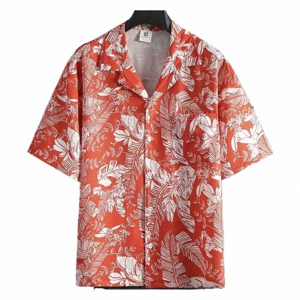 Chemise à col cubain rouge, chemise pour hommes, haut d'été à imprimé fin, vêtements essentiels pour fête sur la plage w0Uk #