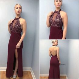 Rood aangepaste zeemeermin mouwloze prom -jurken halter avondjurk chiffon applique vloer lengte backless split formele bruidsmeisje jurk 0431