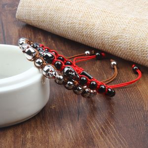 Pulsera de macramé con esqueleto de calavera doble y ojo de circonita roja, cuentas de acero inoxidable de 6mm, pulsera de moda, joyería para fiesta