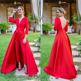Rouge profond col en V combinaison robes de soirée 2020 manches longues ruché dos nu longueur de plancher formelle fête robes de bal avec sur les jupes