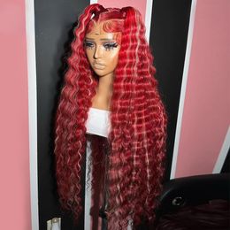 Perruque Lace Frontal Wig naturelle Deep Wave rouge, cheveux naturels, 13x4 HD, perruque Lace Frontal Wig à reflets blonds rouges, perruques Lace Closure synthétiques colorées