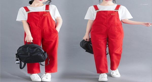 Combinaisons en Denim rouge pour femmes, salopette pantalon à bretelles, poches décontractées, longues, amples, petit ami, barboteuses 17595743