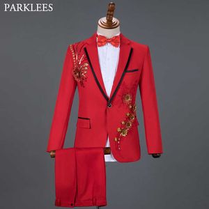 Rode Diamond Floral Mannen Pakken Voor Bruiloft Mens Suits 3 Stuk Blazer + Pant + Boog Tie Fashion Tuxedo Mannen Suit Set Stage Kostuum Homme X0909
