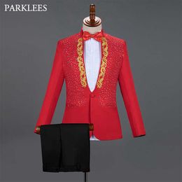 Red Diamond Mens Past With Pass Gold Geborduurde Bruiloft Pakken voor Mannen Stage Singer Tuxedo Suits Party Prom Costume Homme XXL X0909