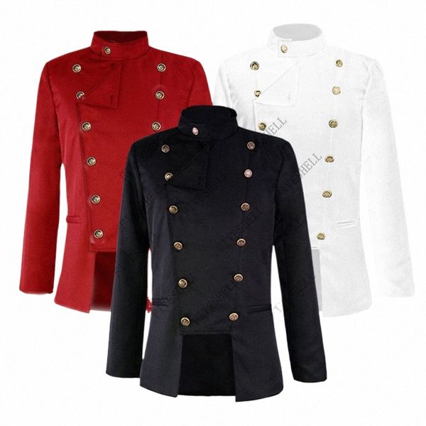 Rojo de doble botonadura Corte Príncipe Uniforme Hombres Vintage Steampunk Medieval Chaqueta delgada Formal Tailcoat Gótico Halen Tuxedo Coat T4HW #