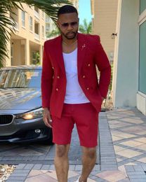 Red Double Breasted Men Suits Bruiloft Bruidegom Tuxedo Kostuum Homme Bruidegom Atten 2 Stks Terno Masculino Slim Fit Blazer met Shorts X0909