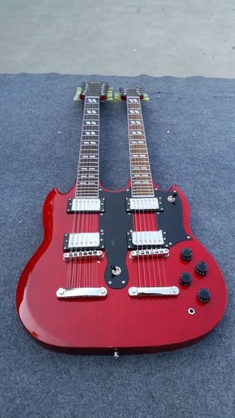 Guitarra eléctrica SG roja de doble cuello de alta calidad, accesorios de hardware de níquel-cromo, 12 cuerdas y 6 cuerdas, en stock, envío rápido