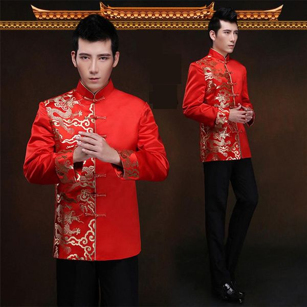 Robe chinoise Dragon rouge à manches longues pour marié, robe traditionnelle de mariage en Satin pour hommes, haut Cheongsam, Costume Tang, Toast, vêtements 228Q