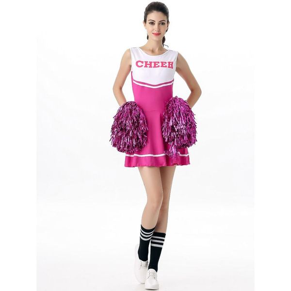 Robe rouge + pompoms cheerleading costumes football bébé adulte lycée joie uniforme fille danse show pomerleader fête