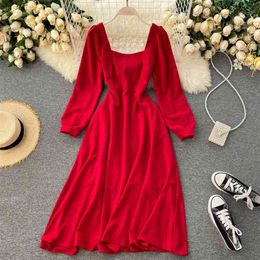 Rode jurk damesmode retro vierkante kraag hoge taille slanke herfst lange mouw effen kleur vestidos p091 210527