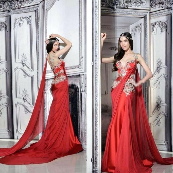 Vestidos de noche nobles de Dubái rojos con apliques Vestidos de fiesta formales de gasa fluida india árabe con cinta Vestido de noche sin espalda sexy 2019