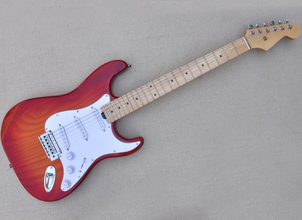 Guitare électrique rouge avec corps en frêne Blanc Pickguard Maple Fretboard Micros SSS Peut être personnalisé