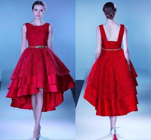 Rode elegante homecoming jurken juweel met kant applique hi-lo prom jurken rug veter-up tiered ruches sjerp rode tapijt jurk feestjurken