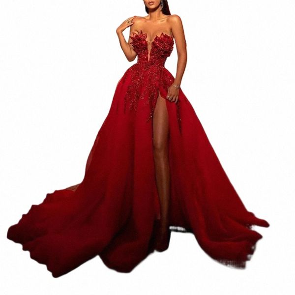 Red Elegant LG Prom Dr 2021 Luxury Strapl Sleevel Sequin Shiny Split Tulle Ball Robe Femmes Femmes de fête Forme Forme 98JH # #
