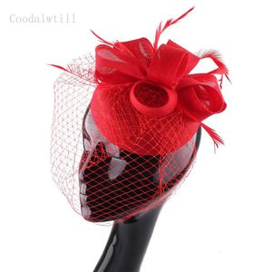 Rouge élégant maille Fascinator Chapeau de mariage Chapeau Cap épingle à cheveux dames mariée voile Chapeau Cap église chapellerie femmes Fedora Cap 231225