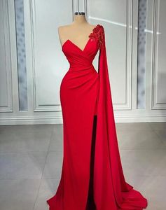 Rood elegante één schouder kralen bloemen zeemeermin avondjurken met paneel dubai arabisch sexy v nek high side split long prom jurk