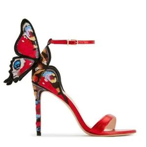 Sandalias de mariposa bordadas rojas Sophia Webster Zapatos de gladiadores de mujer con ala de tobillo de tacón alto fino Zapatos de tacón para mujer