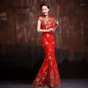 Ropa étnica Bordado rojo Cheongsam Moderno Qipao Largo Vestido de novia chino Mujeres Vestido de noche tradicional Oriental Vestido de fiesta elegante