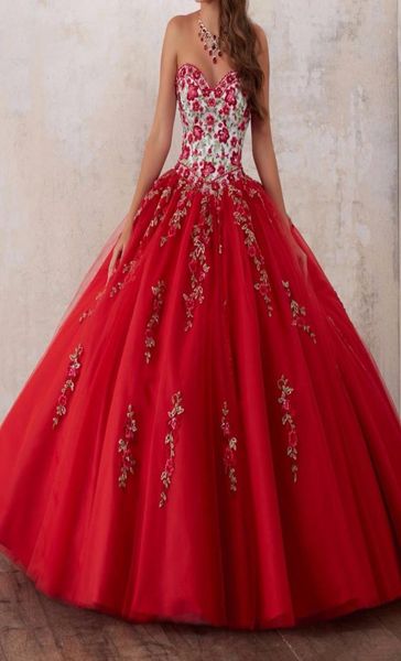 Robes De Quinceanera brodées rouges chérie perlée cristal Tulle robe De bal robes De bal 15 ans Debutante robes De 15 Ano2211811