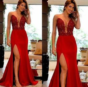 Robes de soirée rouges longues appliques de dentelle sirène élégantes robes de soirée perlées robe formelle robe de festa de soirée robes de bal longo 2020