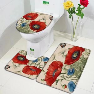 Mat de bain à fleurs rouges ensemble papillon pavot de pavot bleu plant de la maison décor de salle de bain de salle de bain tapis flanelle ushapé couvercle de couvercle de couvercle de couvercle 240508