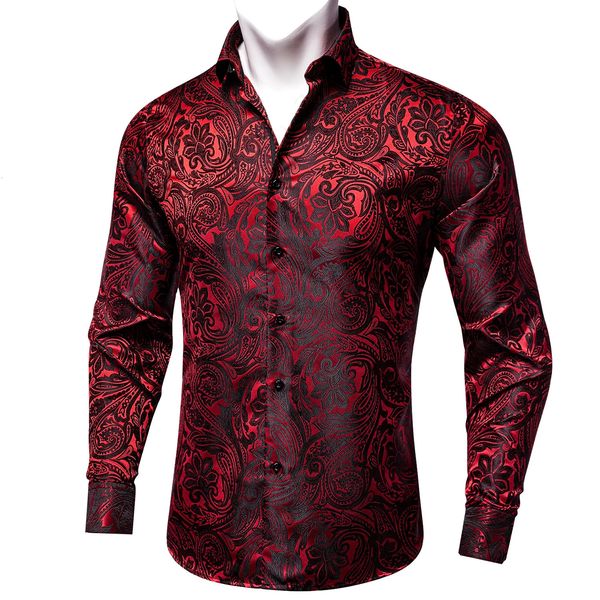 Rouge Floral Paisely Chemises de luxe pour homme Club Wear Soie Hommes Chemise de haute qualité à manches longues Singal Breasted Printemps Automne Mâle Tops 240125