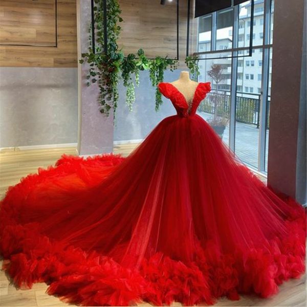 Robes de Quinceanera à fleurs rouges de la mariée, col en V, robes d'invitées avec des appliques, manches personnalisées, robe de bal 328 328