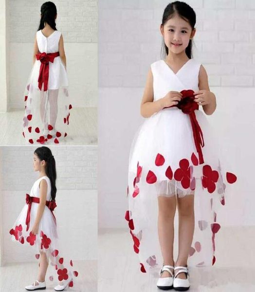 Robe de concours de filles avec des appliques de fleurs rouges, en Tulle haut et bas, ligne A, courte devant et dos long, robe de soirée pour petites filles, bal de promo pour enfants Dre1736297