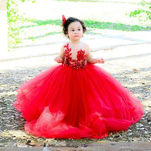 Robes de fille de fleur rouge col transparent robe de bal en dentelle perlée princesse robes de demoiselle d'honneur en tulle à plusieurs niveaux robe de fête d'anniversaire pour fille et mère CF008