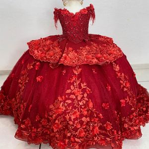 Robe de mariage à fleurs rouges pour filles, épaules dénudées, avec des Appliques de cristal 3DFlower, robe de bal pour enfants, séance photo de première Communion, 2024