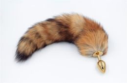 Red Fox Tail Butt Anale plug 35cm lange echte vosstaarten gouden metalen anale seksspeeltje 2875cm9130850