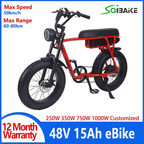 Vélo électrique à cadre rouge 48V 250W 350W 750W 1000W, vélo de montagne puissant avec pneus larges de 20 pouces pour les déplacements des adultes