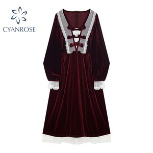 Rode Franse vintage jurk borst bandage knop vierkante kraag lange mouw flanel jurken vrouwelijke elegante retro vestidos dame 210417