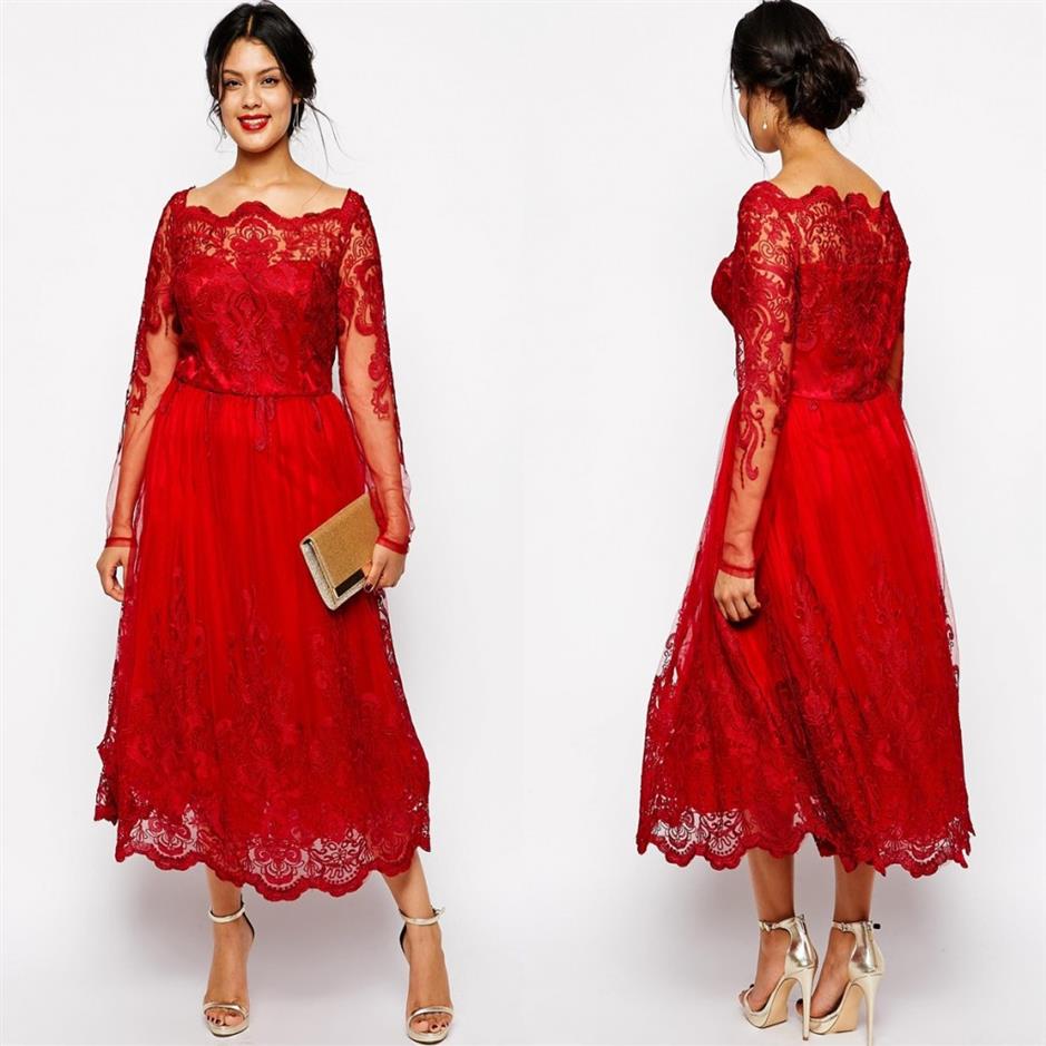 Rouge pleine dentelle grande taille robes formelles Sheer Bateau manches longues robes de soirée thé longueur A-ligne mère de la mariée275z
