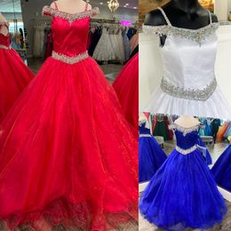 Red Girl Pageant Dress 2022 Ballgown Beading Crystals Organza Off-Shoulder Little Kid Birthday Formele feestjurk Toddler Tieners Preteen Keyhole Back Red Royal-Blue