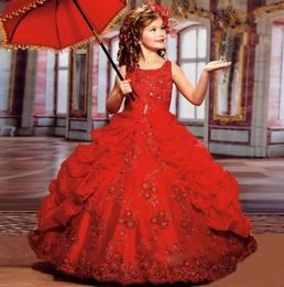 Robes de concours de filles rouges 2019 robes de bal paillettes robes de filles de fleur pour mariage Tulle appliqué dentelle volants taille 4 6 8 102966175