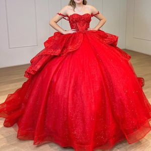 Robe De bal rouge à paillettes, robes De Quinceanera, épaules dénudées, en dentelle, en tulle, Corset De bal, 16 ans