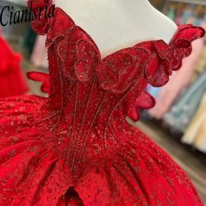 Red glitter kristal lovertjes kraal kalk Quinceanera jurken baljurk van de schouder 3d vlinder boog corset vestidos de 15 anos