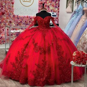 Robes de princesse Quinceanera à paillettes rouges, épaules dénudées, perles en dentelle appliquées, tulle avec Cape florale, robes de bal à lacets, 15