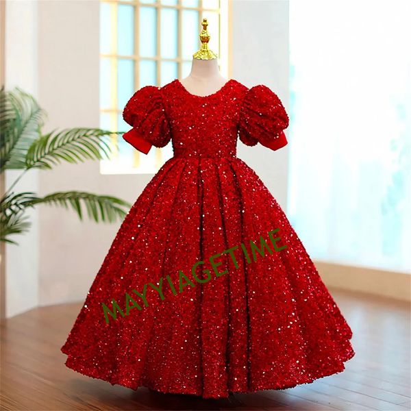 Paillettes rouges paillettes à manches courtes robe de fille de fleur pour le mariage longueur cheville enfant première communion fête d'anniversaire robes de bal 240306