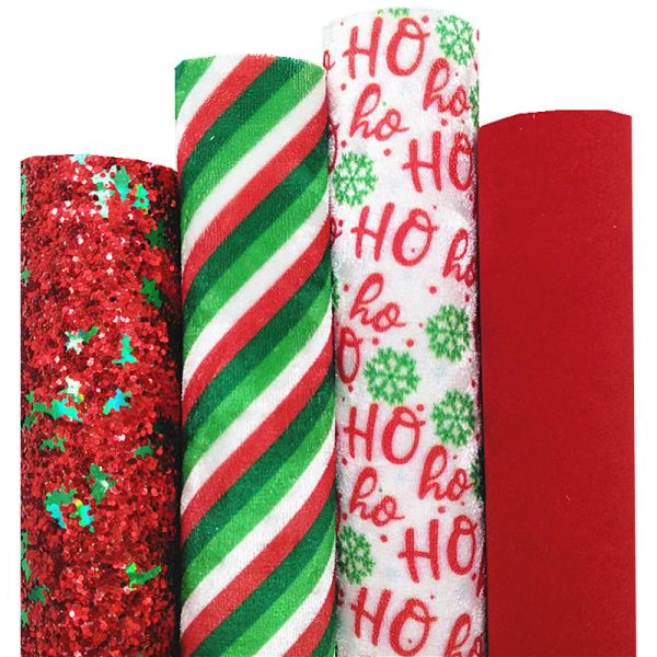 Paillettes rouges avec arbre de Noël vert ho rayures imprimées en velours brouillé tissu en daim rouge en cuir pour arc bricolage 21x29cm Q1517