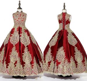 Rood Gouden Applicaties Beaded Meisjes Pageant Jurken 2019 Hoge Hals Lace-Up Baljurk Speciale Gelegenheid Jurk Peuter Party Prom Communion Towns