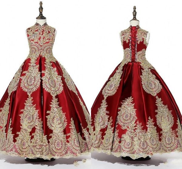 Or rouge appliques perlées filles Pageant robes 2019 col haut robe de bal à lacets robe Occasion spéciale robe enfant fête de bal robes de communion