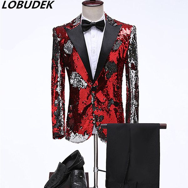 Hommes Double Face Paillettes Costumes Blazers Pantalon 2 Pièces Ensemble Mode Bar Chanteur Concert Costume De Scène Chanteur Hôte Discothèque Formelle Costumes De Bal S-3XL Or Rouge